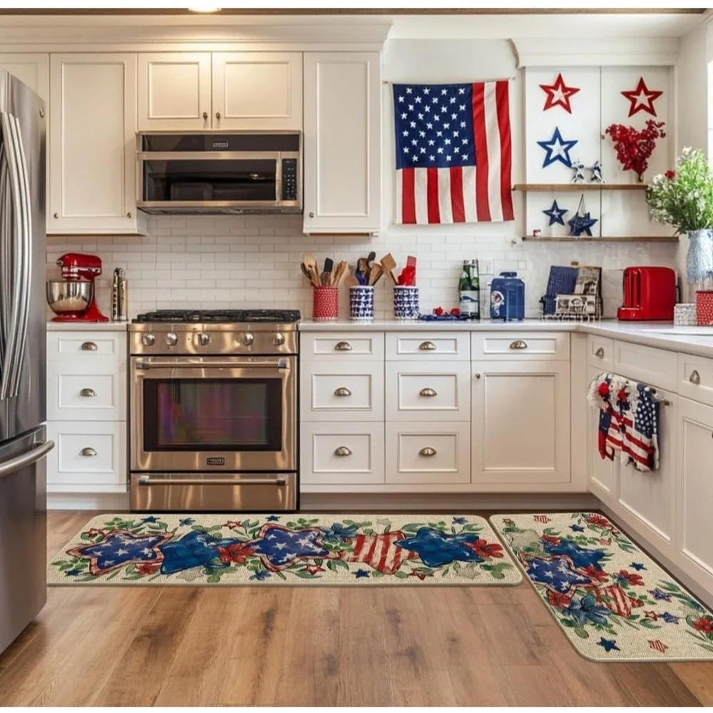 Eucalyptus Flowers Stars Patriotic 4th of July Kitchen Mats Set of 2, Memorial